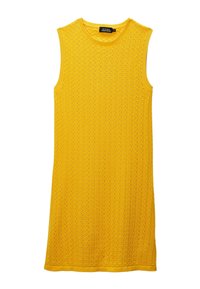 Robe jaune sans manches avec un motif tricoté texturé, encolure ronde et bords côtelés. Coupe droite, couleur unie dans l'ensemble.