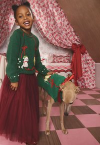 Pull en tricot vert avec des motifs de bonhomme de neige et de renne ainsi que des nœuds rouges, associé à une jupe en tulle bordeaux ; un chien porte une tenue assortie.
