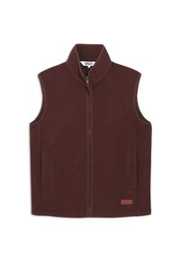Brun ærmeløs vest lavet af blødt, tekstureret stof; har en høj krave, frontlynlås og sidelommer. Logomærke nederst til højre.