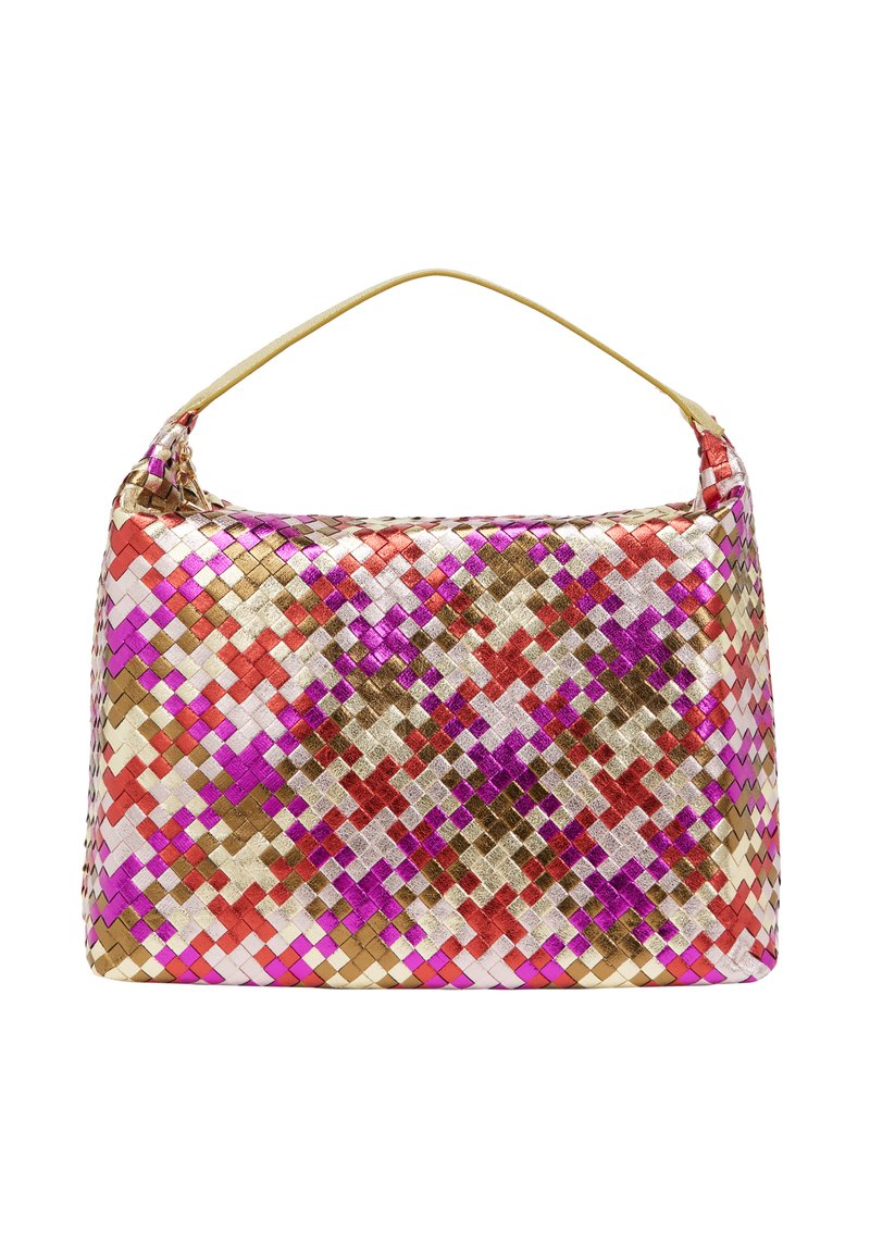 Geantă țesută cu un design multicolor în nuanțe de roz, roșu, aur și argint, cu o mânere moale aurie și o formă rectangulară.