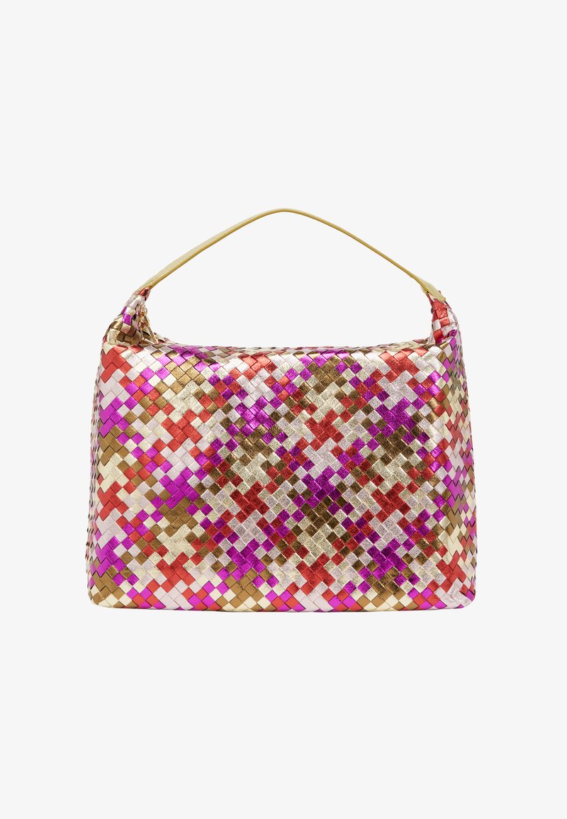 Geweven handtas met een multi-kleuren ontwerp in roze, rood, goud en zilver, met een zachte gouden handgreep en een rechthoekige vorm.