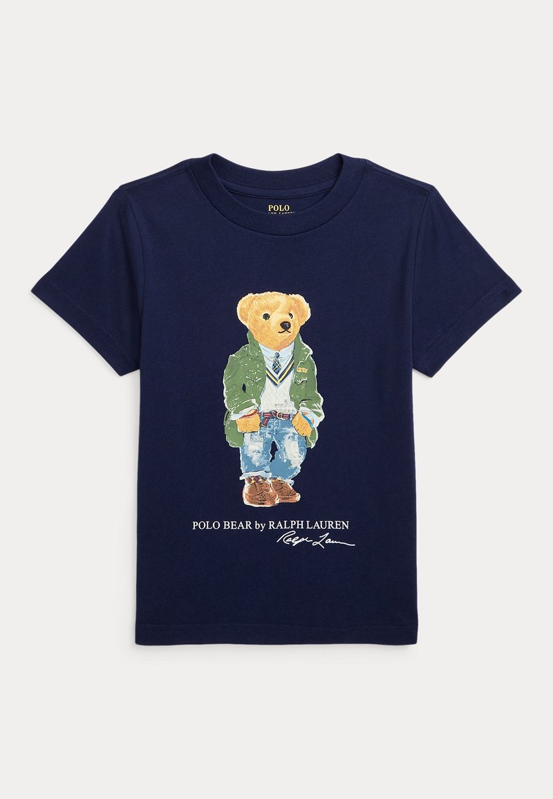 Mörkblå bomull T-shirt med en grafik av en björn i grön jacka, vit skjorta och blå jeans, med texten "Polo Bear by Ralph Lauren".