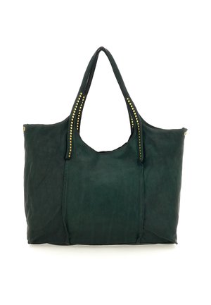 Borsa tote in pelle verde con due spallacci, borchie color oro lungo le cuciture e un ampio scomparto principale non strutturato.
