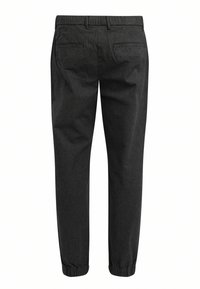 Sorte tapered bukser med en tekstureret overflade. Har en elastisk talje, to baglommer og elastiske manchetter ved anklerne.