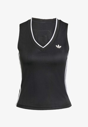 Crna majica bez rukava od glatkog materijala, s V izrezom i bijelim bočnim prugama. Mali bijeli logo na prsima. Vertikalna rebrasta tekstura.