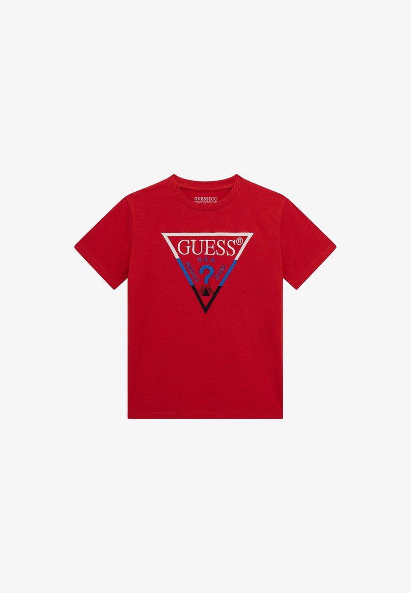 Red cotton t-shirt with short sleeves, featuring a triangular logo design in blue and silver with the text "GUESS" and a question mark.