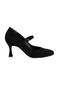 Chaussure Mary Jane en suède noir avec un bout rond, une sangle de cheville ajustable et un talon mince et géométrique. Texture lisse et silhouette classique.