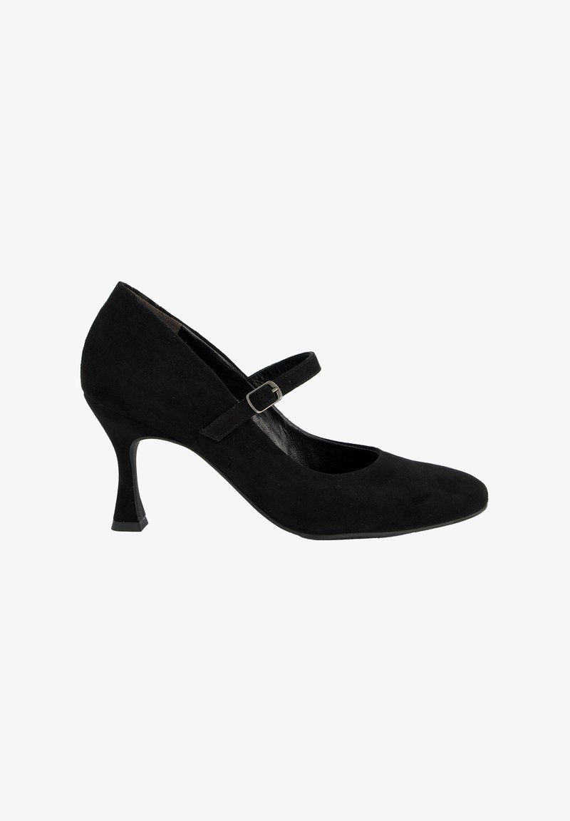 Chaussure Mary Jane en suède noir avec un bout rond, une sangle de cheville ajustable et un talon mince et géométrique. Texture lisse et silhouette classique.
