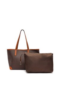 Brązowa torba na ramię w wzory z brązowymi skórzanymi akcentami i długimi uchwytami, w zestawie z gładką, prostokątną brązową saszetką z suwakiem.