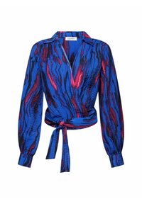 Blouse cache-cœur bleue à manches longues, présentant un motif ondulé en rose et noir. Se noue à la taille, fabriquée en tissu texturé.