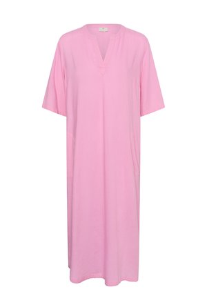 Vestido suelto de longitud hasta la rodilla, color rosa, con mangas cortas y cuello en V, hecho de tela ligera.