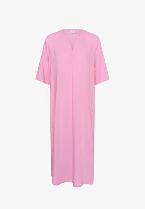 Vestido suelto de longitud hasta la rodilla, color rosa, con mangas cortas y cuello en V, hecho de tela ligera.