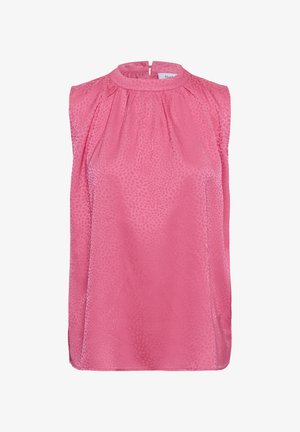 Mouwloze roze blouse met subtiel gestructureerd patroon, hoge ronde hals en kleine knoopsluiting aan de achterkant.