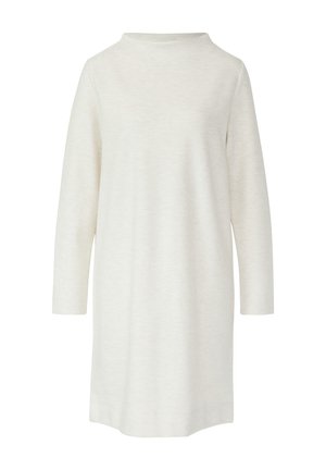 Sukienka z długim rękawem wykonana z miękkiej, jasnobeżowej tkaniny; posiada okrągły dekolt i lekko luźny fason. Bez widocznych wzorów i zdobień.