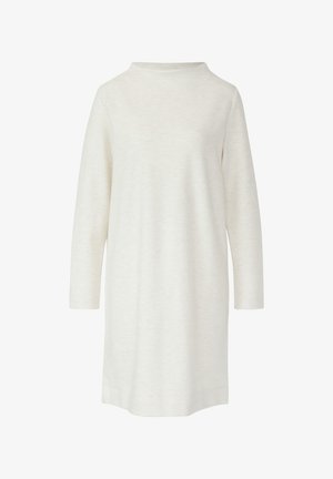 Langärmliges Kleid aus weichem, hellbeigem Stoff; verfügt über einen rundhalsausschnitt und eine leicht lockere Passform. Keine sichtbaren Muster oder Verzierungen.