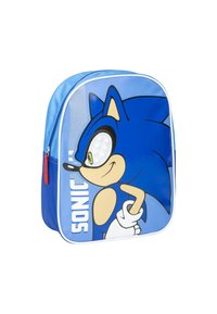 Zaino blu con una grafica di un personaggio dei cartoni animati su uno sfondo blu, dettagli bianchi e una zip rosso vivo.