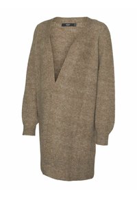 Cardigan tricoté de couleur brun clair avec un décolleté en V profond, des manches oversize et une coupe lâche et décontractée. Le tissu texturé ajoute de la profondeur.