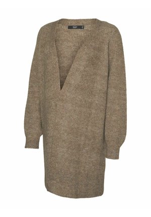 Cardigan lavorato a maglia di colore marrone chiaro con scollo a V profondo, maniche oversize e una vestibilità morbida e rilassata. Il tessuto texturizzato aggiunge profondità.