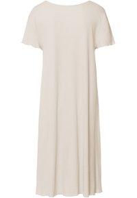 Beige bomulds t-shirt kjole med korte ærmer og et afslappet snit, der har en rund halsudskæring og en glat, let tekstur.