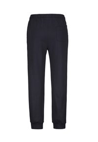 Pantalones de chándal negros hechos de material suave, con cintura elástica, dobladillos ajustados y un único bolsillo trasero.