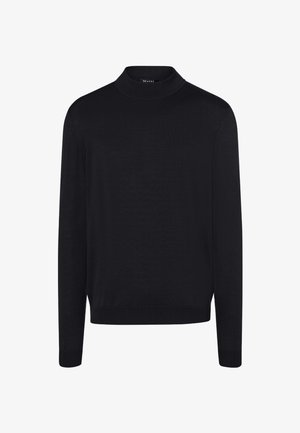 Schwarzer Strickpullover mit hohem Kragen, langen Ärmeln und gerippten Bündchen. Glatte Textur und lockere Passform.