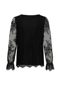 Czarna bluzka z długimi, przezroczystymi koronkowymi rękawami. Posiada kwiatowy wzór oraz koronkowe wykończenia przy mankietach i dolnym brzegu. Gładka tkaninowa część.
