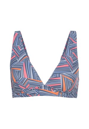 Trojuholníkový bikiny vrch s geometrickými vzormi v modrej, ružovej a oranžovej farbe, vyrobený z elastického materiálu, s širokými ramienkami a hlbokým výstrihom.