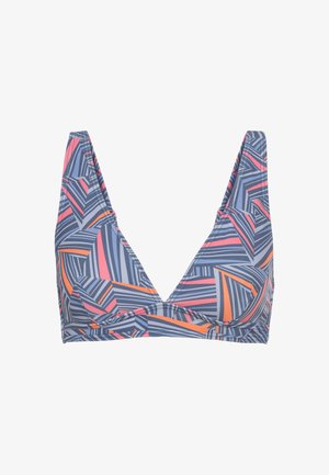 Biustonosz bikini w kształcie trójkąta z niebieskimi, różowymi i pomarańczowymi geometrycznymi wzorami, wykonany z elastycznego materiału, z szerokimi ramiączkami i głębokim dekoltem.