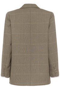 Smeđi karo sako s urezanim ovratnikom i manžetnama na gumbe, prikazan s leđa.