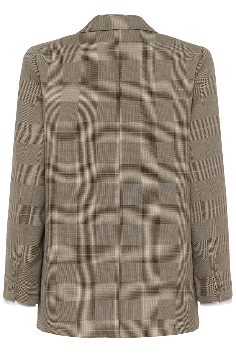 Blazer à carreaux marron avec col cranté et poignets boutonnés vu de dos.