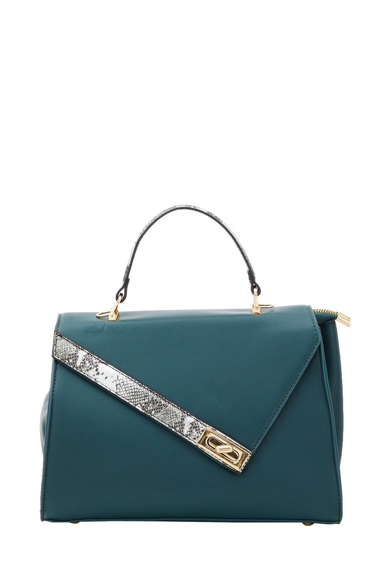 Borsa in pelle verde acqua con una tracolla in pelle di serpente grigia texturizzata e dettagli dorati. Presenta un design strutturato e un manico superiore.