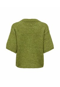 Zeleni pleteni džemper kratkih rukava sa širokim ovratnikom i ležernim krojem, prikazan s leđa na bijeloj pozadini.