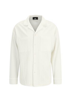 White long-sleeve shirt with a button-down collar, vertical striped texture, two chest pockets, and a relaxed fit.
