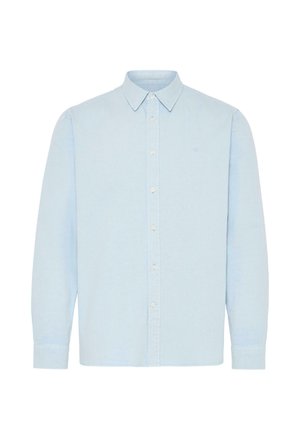 Light blue long-sleeve button-up shirt with a classic collar and white buttons. Smooth fabric with a subtle texture and embroidered logo.