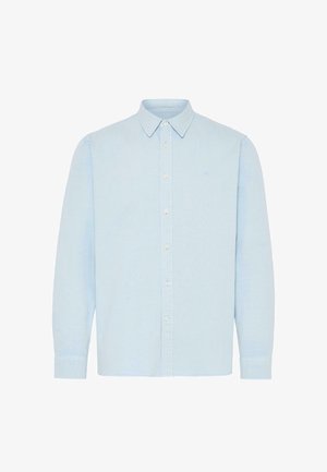 Light blue long-sleeve button-up shirt with a classic collar and white buttons. Smooth fabric with a subtle texture and embroidered logo.