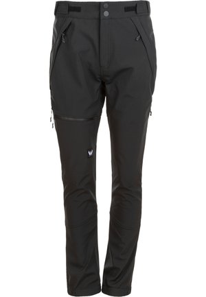 Schwarze Outdoor-Hosen aus strapazierfähigem Material, mit zwei Reißverschluss-Taschen, verstellbarem Bund und kleinem Logo am Oberschenkel.