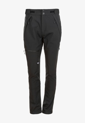 Sorte udendørsbukser lavet af slidstærkt materiale, med to lynlåslommer, justerbar talje og et lille logo på låret.