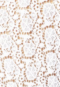 Witte kantstof met ingewikkelde bloempatronen, cirkelvormige uitsparingen en delicate stiksels, over een gladde beige achtergrond.