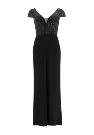 Mono negro con un escote en V pronunciado, bodice adornado con cuentas y mangas cortas transparentes, diseñado con una silueta de pierna ancha.