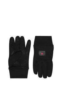 Svarta handskar av flexibelt tyg med texturerade greppprickar på handflator och fingertoppar, med en muddad design och en liten logopatch.