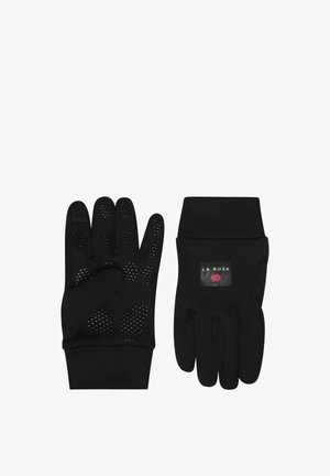 Gants noirs en tissu flexible dotés de points de grip texturés sur les paumes et les bouts des doigts, avec un design à manchette et un petit logo cousu.