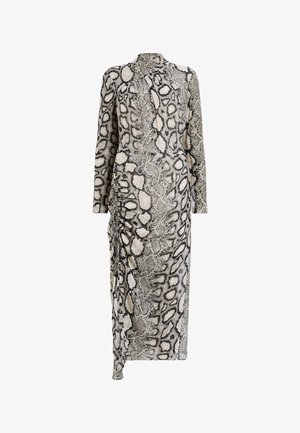 Long-sleeve dress featuring a snake print pattern in shades of gray and beige, with a high collar and side ruching detail.