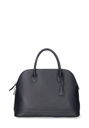 Borsa a tracolla in pelle nera con forma strutturata, doppi manici rotondi e superficie leggermente texture. Dotata di chiusura con zip e tasca laterale.