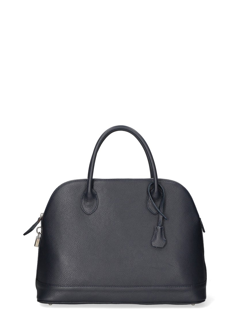 Borsa a tracolla in pelle nera con forma strutturata, doppi manici rotondi e superficie leggermente texture. Dotata di chiusura con zip e tasca laterale.