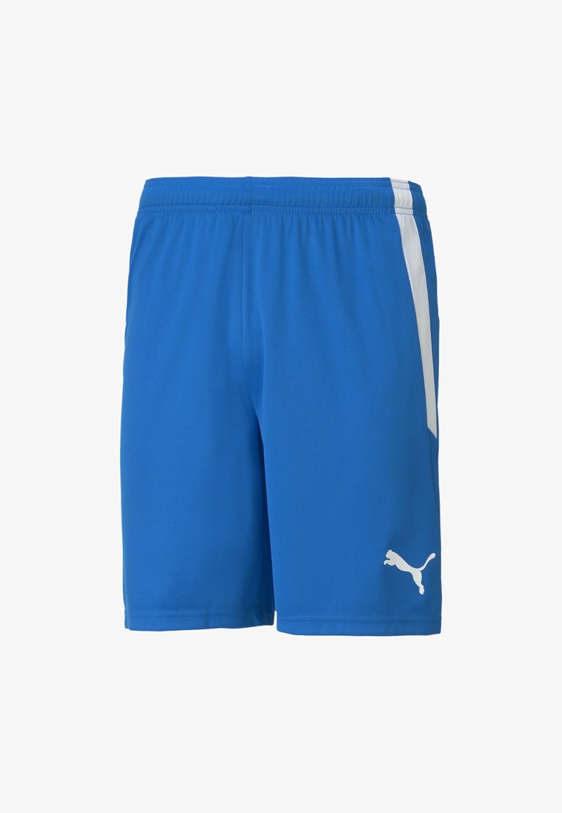 Μπλε αθλητικές βερμούδες από ελαφρύ ύφασμα, με λευκή πλαϊνή ρίγα και λογότυπο. Λείο υλικό, ελαστική μέση για άνεση.