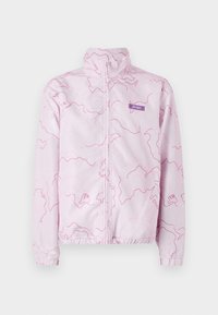 Light pink windbreaker jacket with a smooth texture, featuring a wavy line pattern in darker pink and a small purple logo on the chest.