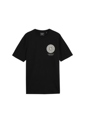 Zwarte katoenen t-shirt met korte mouwen en een ronde hals, versierd met een ronde graphic in gouden details op de borst.