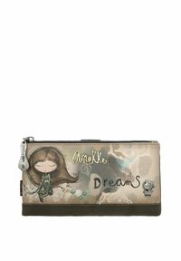 Cartera con cremallera en beige con una textura suave, con un diseño de personaje, acentos metálicos y el texto "el mundo de los sueños".