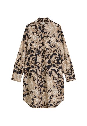 Langærmet skjorte med knapper, beige og hvidt blomsterprint på sort baggrund, afslappet pasform, spidst krave og manchetter på ærmerne.