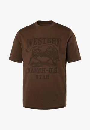 Camiseta de algodón marrón con un gran gráfico de un bisonte y el texto "WESTERN RANCH-U.S. UTAH" en marrón oscuro. Manga corta, cuello redondo.